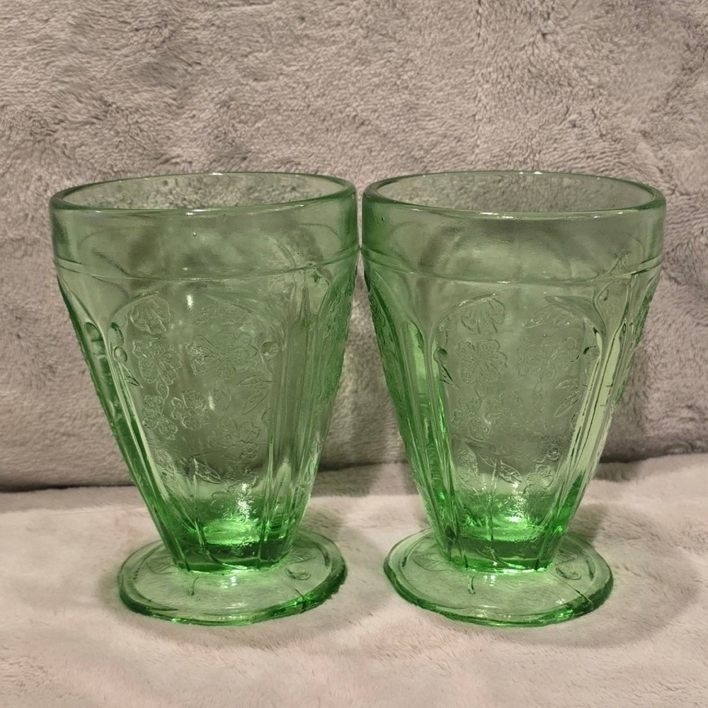 Vintage Jeanette Green Depression Glass Cherry Blossom Footed Tumblers Set of 2
